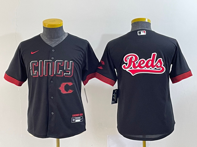 Youth Cincinnati Reds Black Team Big Logo 2023 City Connect With Patch Stitched Baseball Jersey